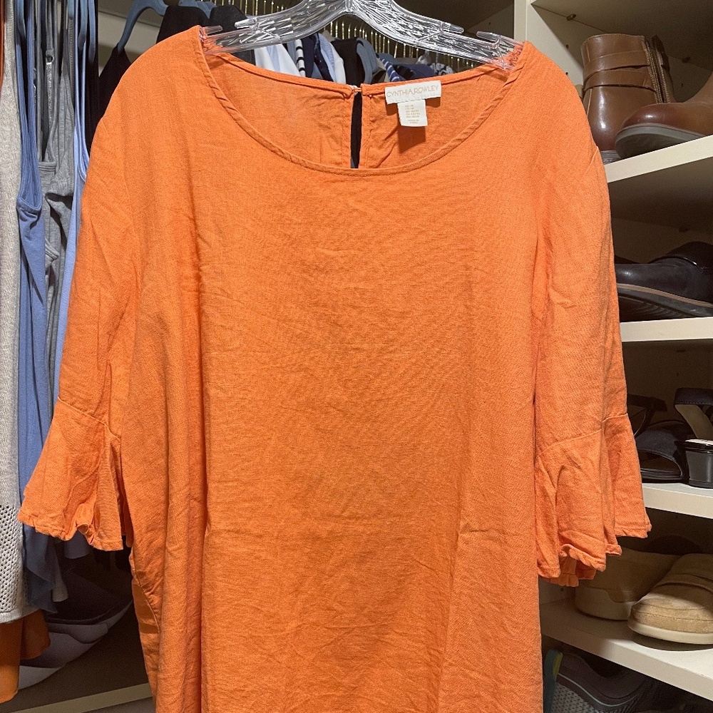 Linen Blouse Cynthia Rowley Women's 1X Flutter Bell Sleeve Scoop Neck